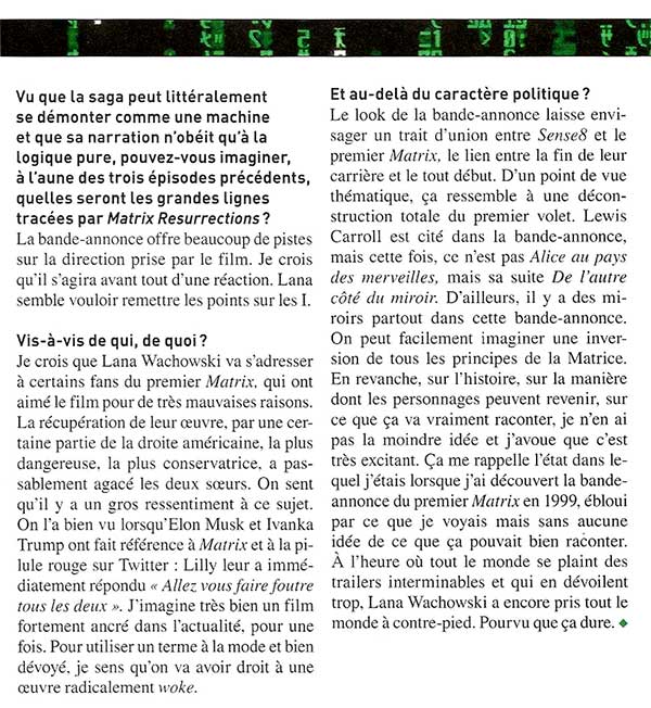 Interview de Julien Pavageau dans le magasine Premiere sur Matrix Resurrections
